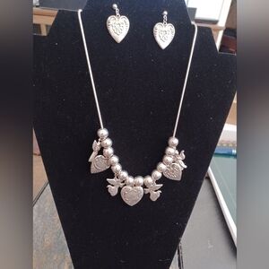 Silver Heart Charm Necklace & Earings Set 11" Drop
